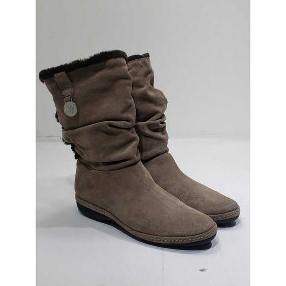 Stuart Weitzman Suede Leather Mid-Calf Boots Brown Slouchy Faux Fur Taupe 7M - Picture 1 of 10
